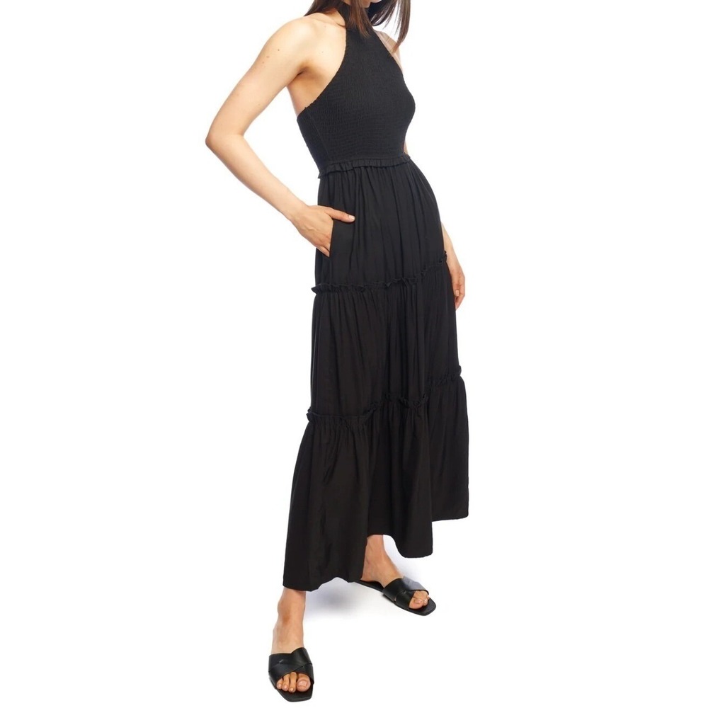 LBLC‎ The Label Womens Black Smocked Halter Tie Tiered Maxi Dress XS Pockets